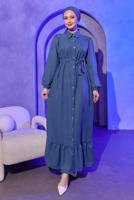Tesettür giyim LACİVERT KUŞAKLI ELBİSE T 3493