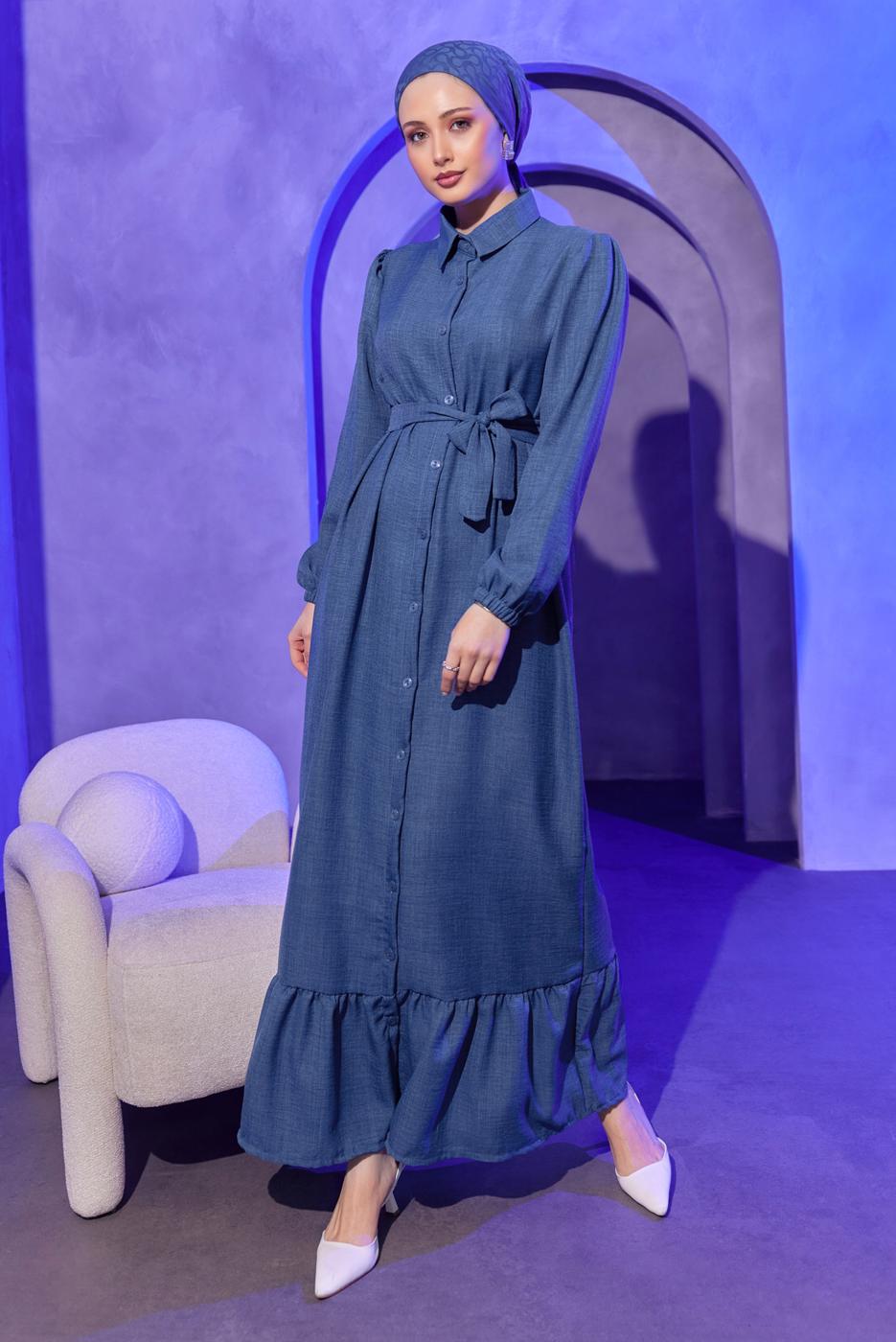 Tesettür giyim LACİVERT KUŞAKLI ELBİSE T 3493