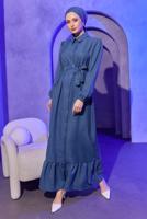Tesettür giyim LACİVERT KUŞAKLI ELBİSE T 3493