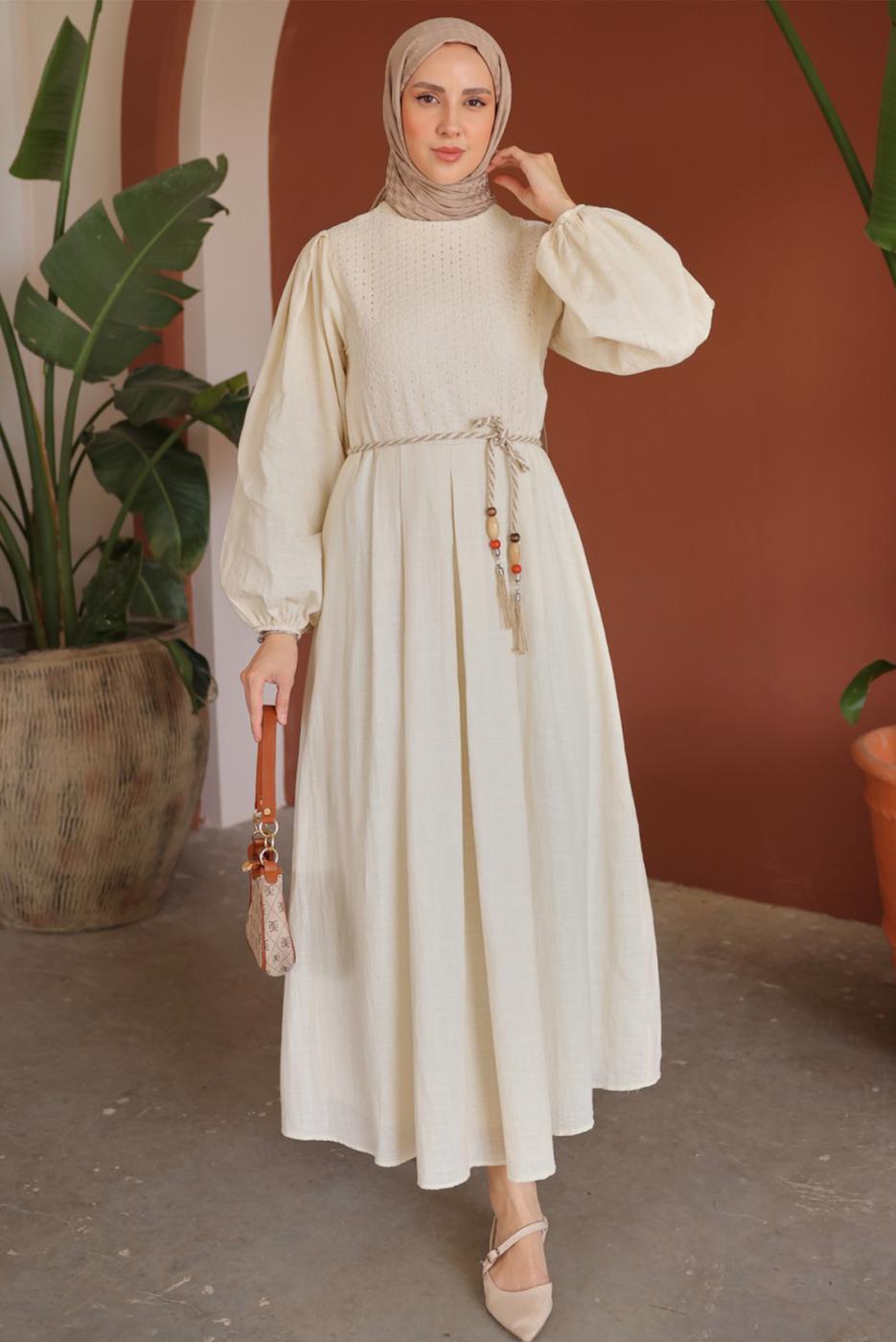 Tesettür giyim BEJ KUŞAKLI ELBİSE T 3502
