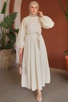 Tesettür giyim BEJ KUŞAKLI ELBİSE T 3502