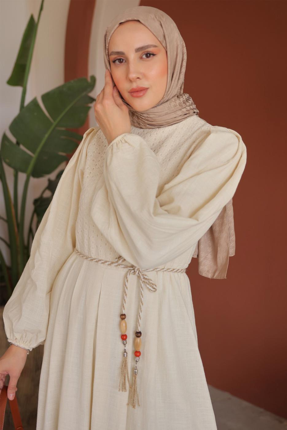 Tesettür giyim BEJ KUŞAKLI ELBİSE T 3502