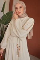 Tesettür giyim BEJ KUŞAKLI ELBİSE T 3502