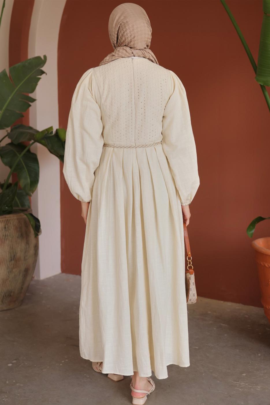 Tesettür giyim BEJ KUŞAKLI ELBİSE T 3502