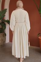 Tesettür giyim BEJ KUŞAKLI ELBİSE T 3502