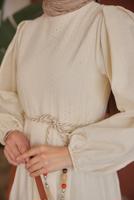 Tesettür giyim BEJ KUŞAKLI ELBİSE T 3502