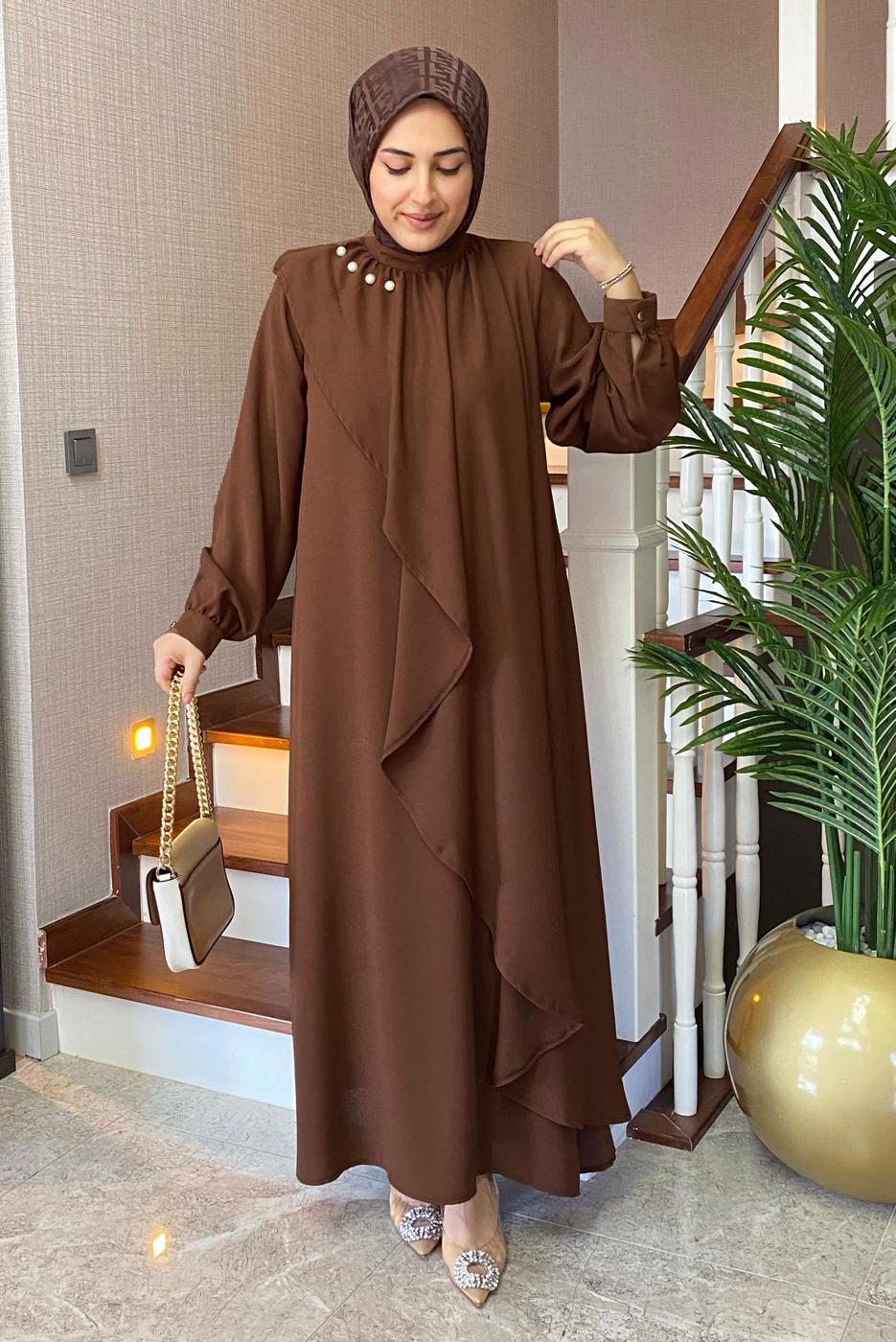 Vêtements hijab BRUN ROBE DÉTAILLÉE EN PERLES T 3516