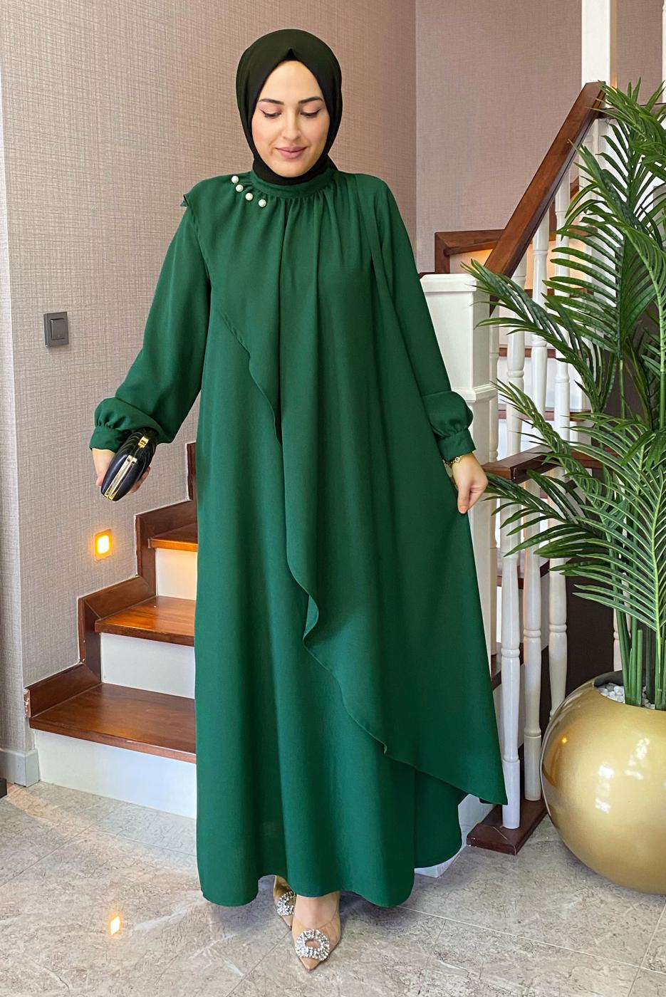 Tesettür giyim YEŞİL İNCİ DETAYLI KREP ELBİSE T 3516