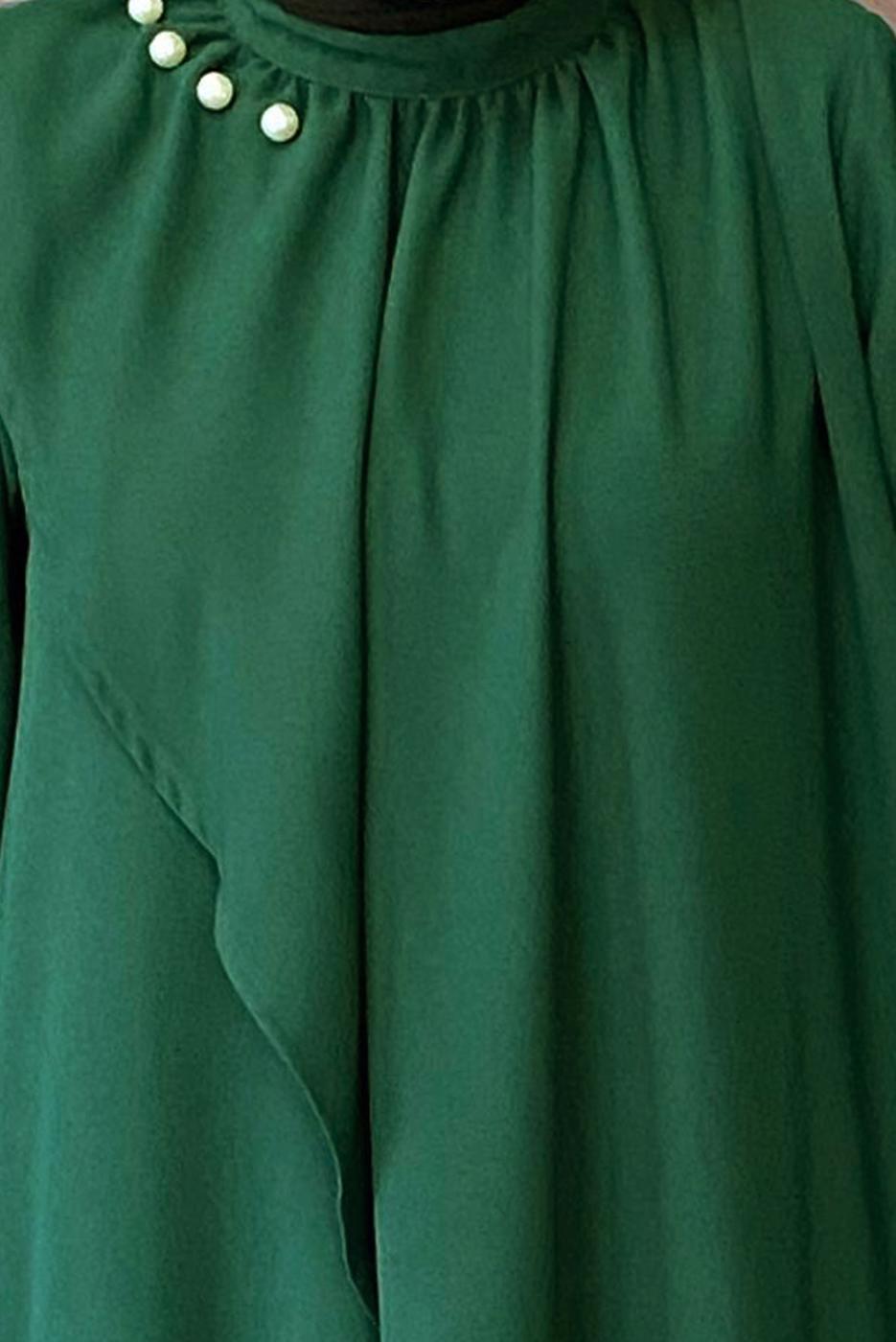 Tesettür giyim YEŞİL İNCİ DETAYLI KREP ELBİSE T 3516