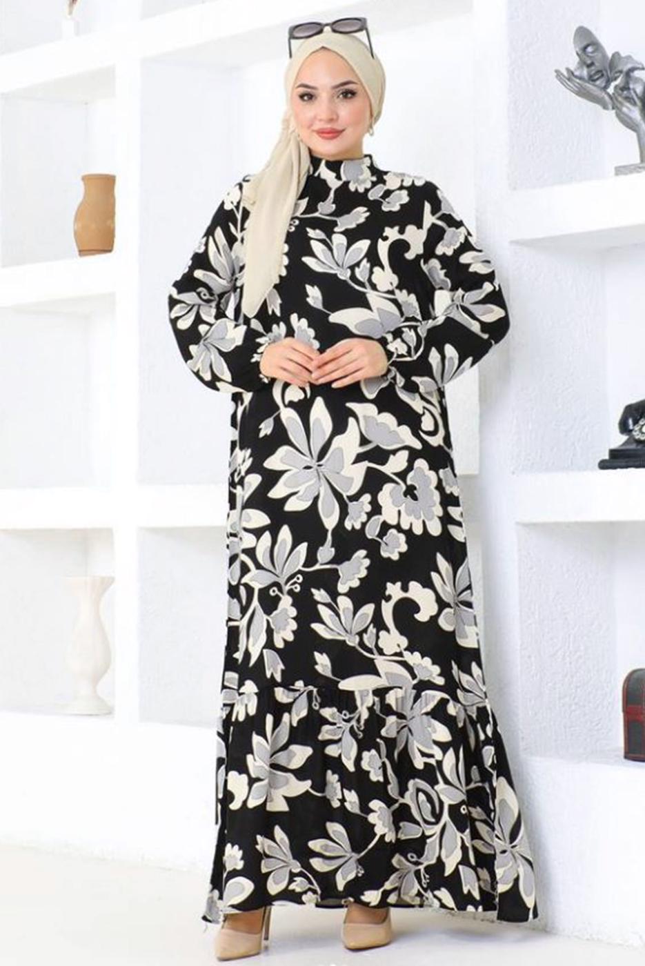 Tesettür giyim SİYAH DESENLİ VİSKON TESETTÜR ELBİSE T 3520