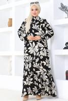 Tesettür giyim SİYAH DESENLİ VİSKON TESETTÜR ELBİSE T 3520