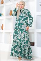 Tesettür giyim YEŞİL DESENLİ VİSKON TESETTÜR ELBİSE T 3520