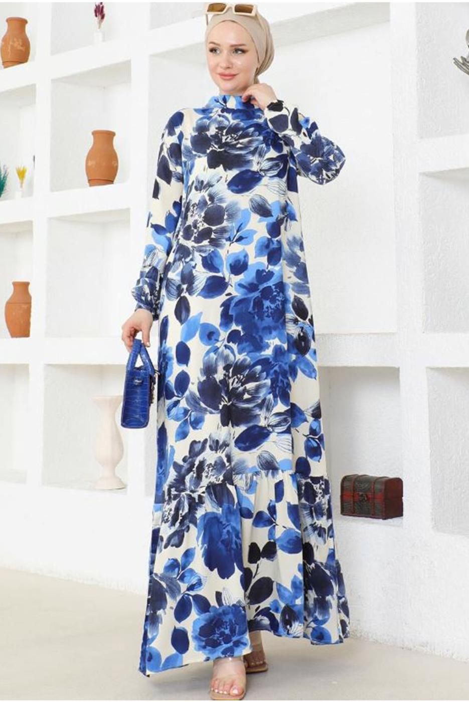 Tesettür giyim LACİVERT DESENLİ VİSKON TESETTÜR ELBİSE T 3522