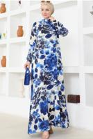 Tesettür giyim LACİVERT DESENLİ VİSKON TESETTÜR ELBİSE T 3522