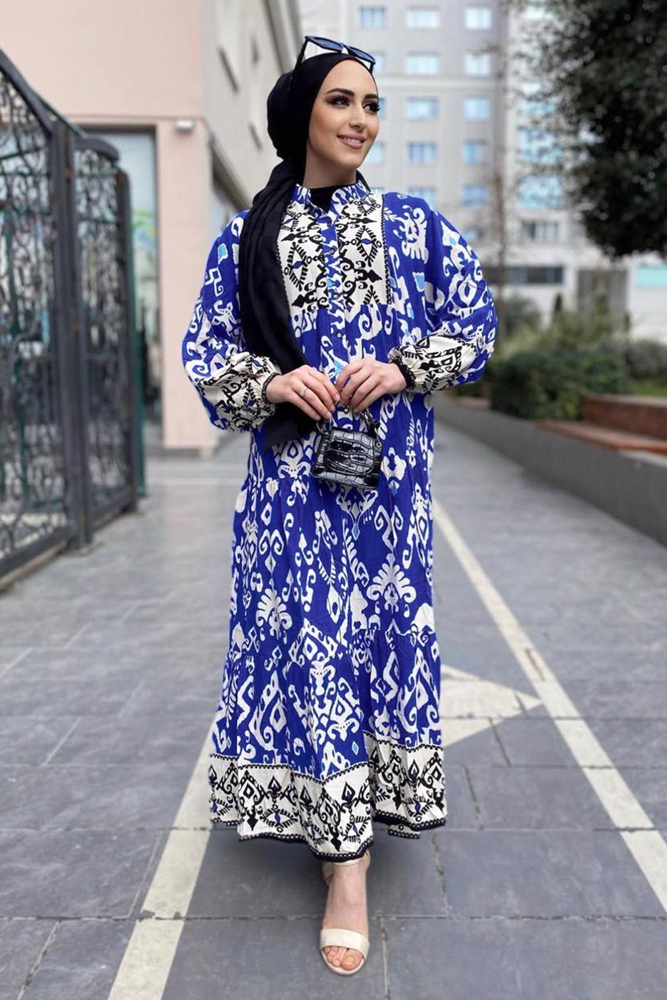 Tesettür giyim LACİVERT ETNİK DESENLİ VİSKON ELBİSE T 3659