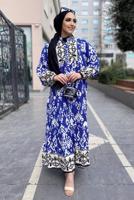 Tesettür giyim LACİVERT ETNİK DESENLİ VİSKON ELBİSE T 3659