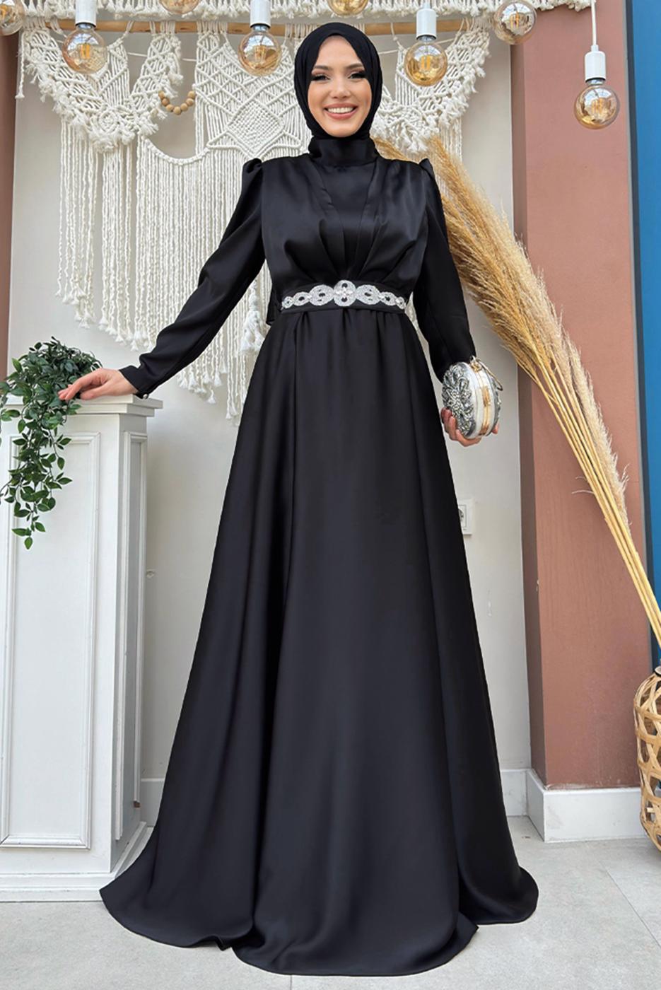Tesettür giyim SİYAH KUŞAKLI SATEN ABİYE ELBİSE T 3683