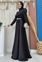 Tesettür giyim SİYAH KUŞAKLI SATEN ABİYE ELBİSE T 3683