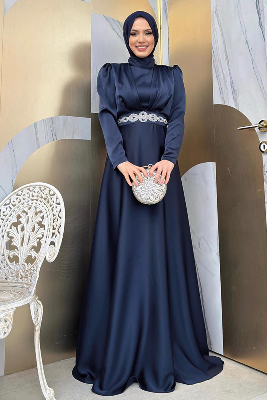 Tesettür giyim LACİVERT KUŞAKLI SATEN ABİYE ELBİSE T 3683