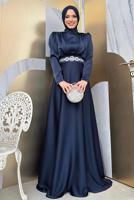 Tesettür giyim LACİVERT KUŞAKLI SATEN ABİYE ELBİSE T 3683