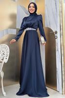 Tesettür giyim LACİVERT KUŞAKLI SATEN ABİYE ELBİSE T 3683