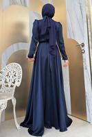 Tesettür giyim LACİVERT KUŞAKLI SATEN ABİYE ELBİSE T 3683