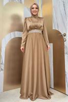 Tesettür giyim TABA KUŞAKLI SATEN ABİYE ELBİSE T 3683
