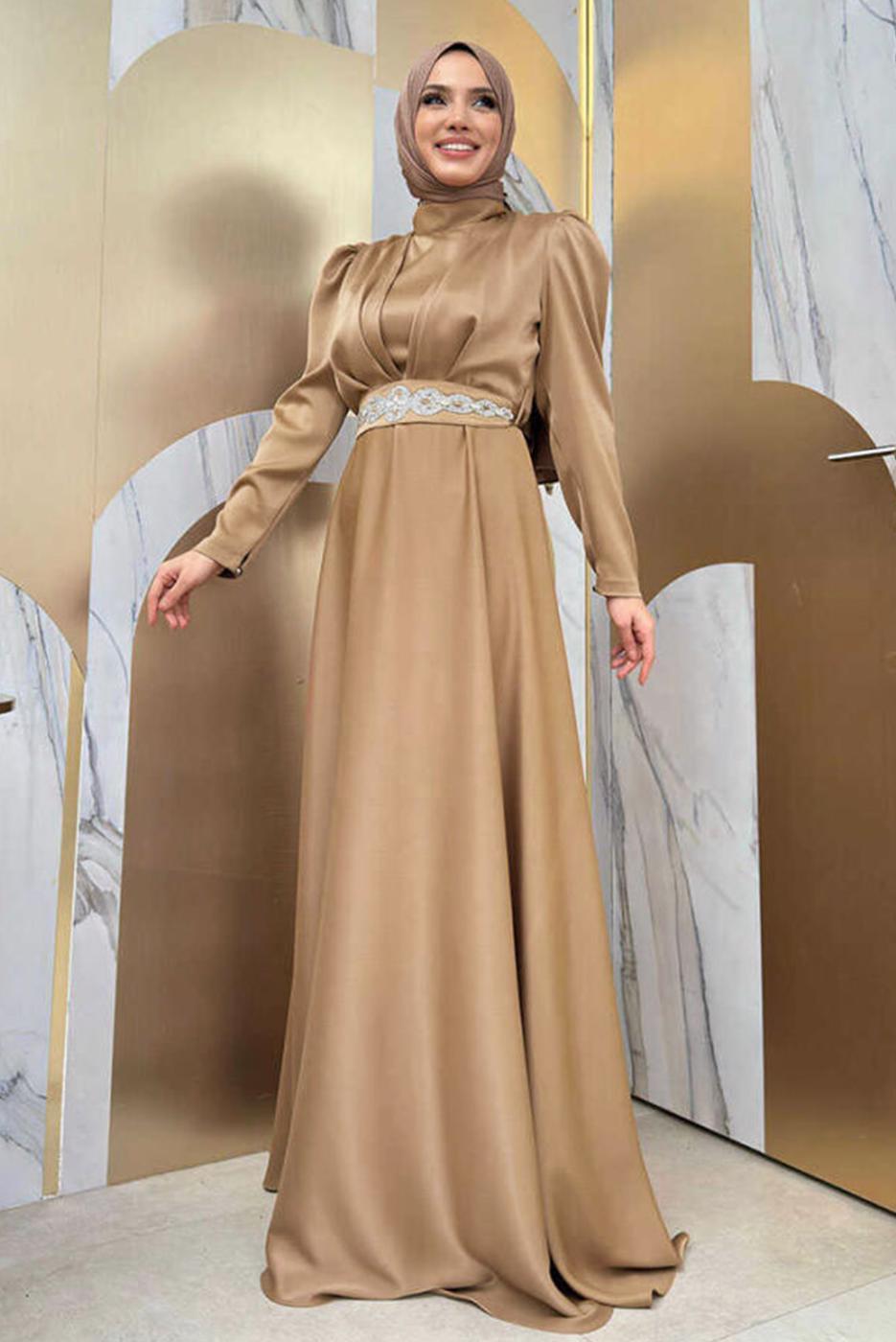 Tesettür giyim TABA KUŞAKLI SATEN ABİYE ELBİSE T 3683