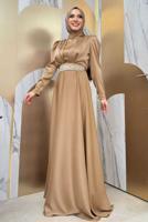 Tesettür giyim TABA KUŞAKLI SATEN ABİYE ELBİSE T 3683