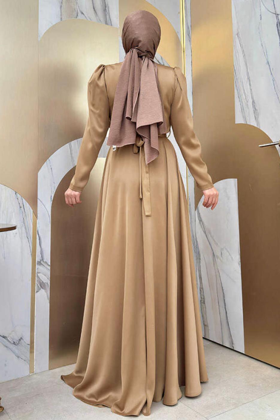 Tesettür giyim TABA KUŞAKLI SATEN ABİYE ELBİSE T 3683