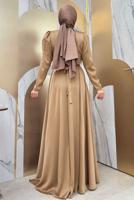 Tesettür giyim TABA KUŞAKLI SATEN ABİYE ELBİSE T 3683