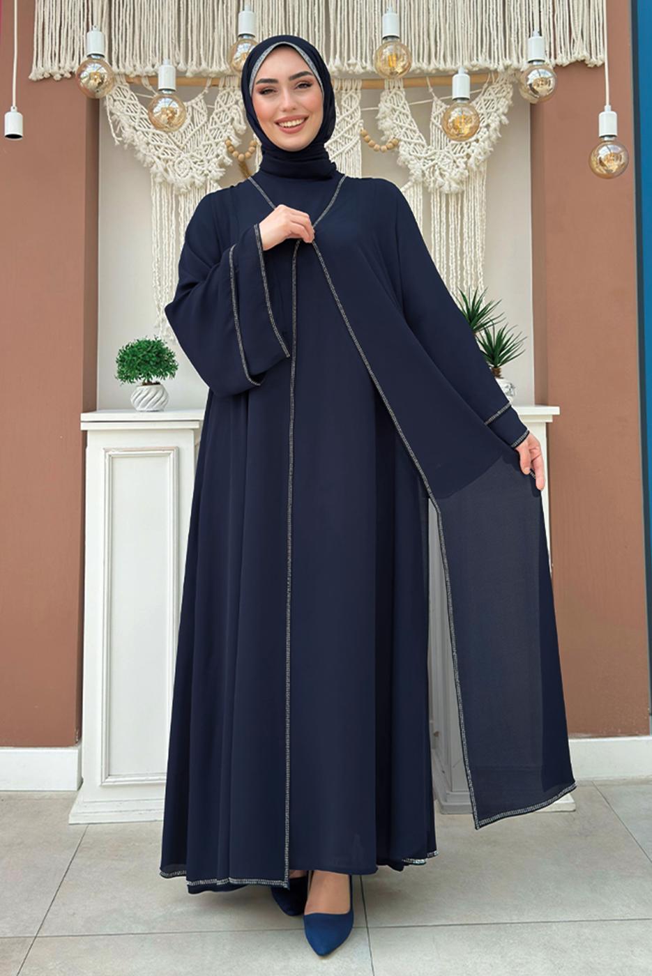 Tesettür giyim LACİVERT TAŞLI ELBİSELİ TAKIM T 3783