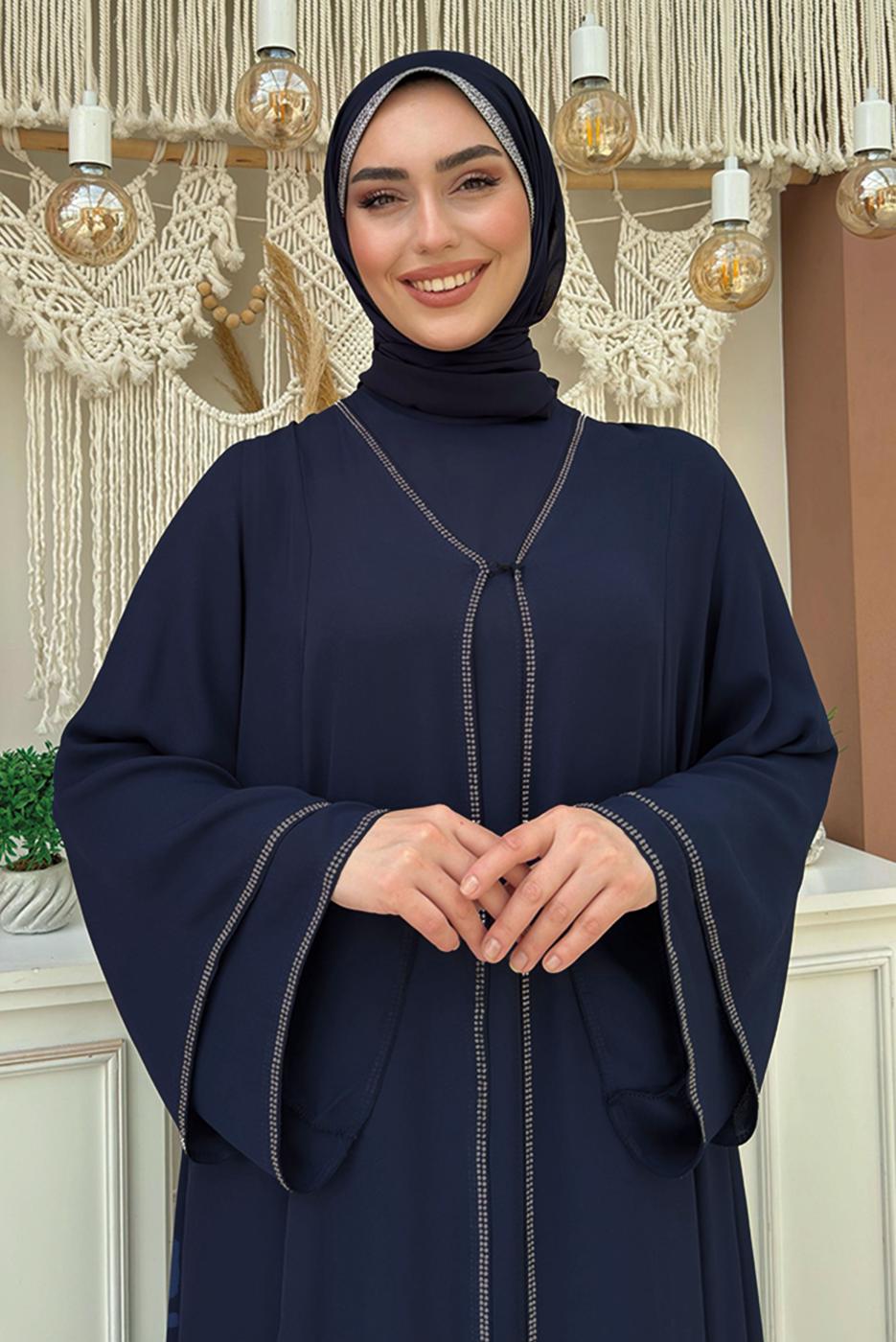Tesettür giyim LACİVERT TAŞLI ELBİSELİ TAKIM T 3783