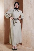 Tesettür giyim BEJ KUŞAKLI TESETTÜR ELBİSE T 3791