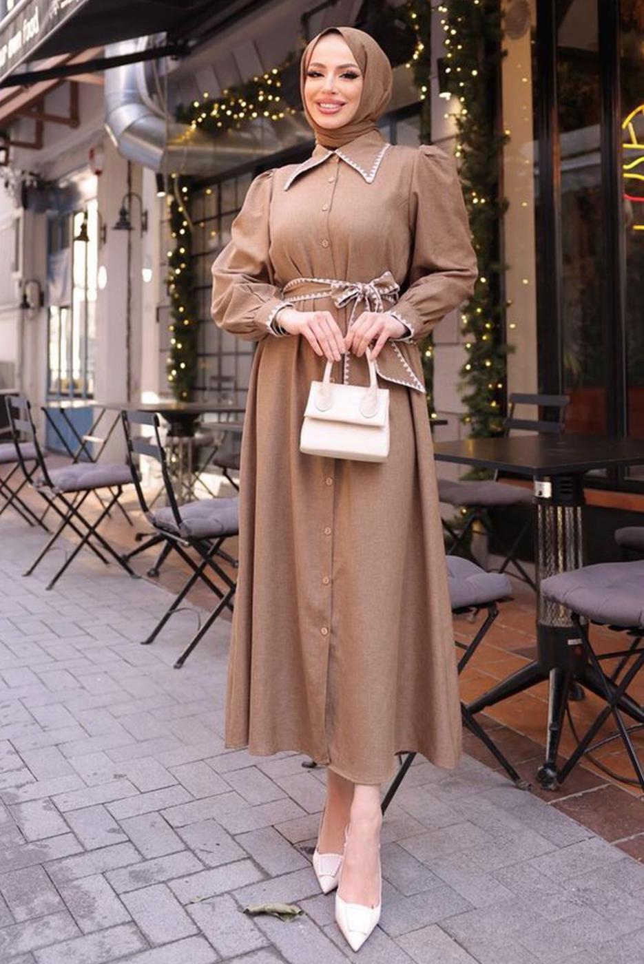 Tesettür giyim KAHVE KUŞAKLI TESETTÜR ELBİSE T 3791