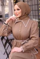 Tesettür giyim KAHVE KUŞAKLI TESETTÜR ELBİSE T 3791