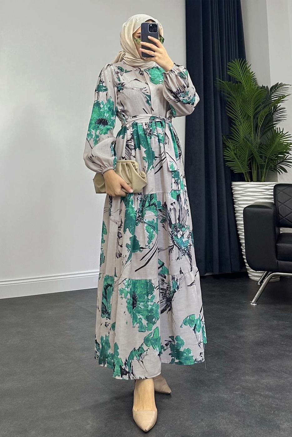 Tesettür giyim YEŞİL DESENLİ KUŞAKLI ELBİSE T 3806