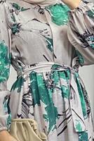 Tesettür giyim YEŞİL DESENLİ KUŞAKLI ELBİSE T 3806