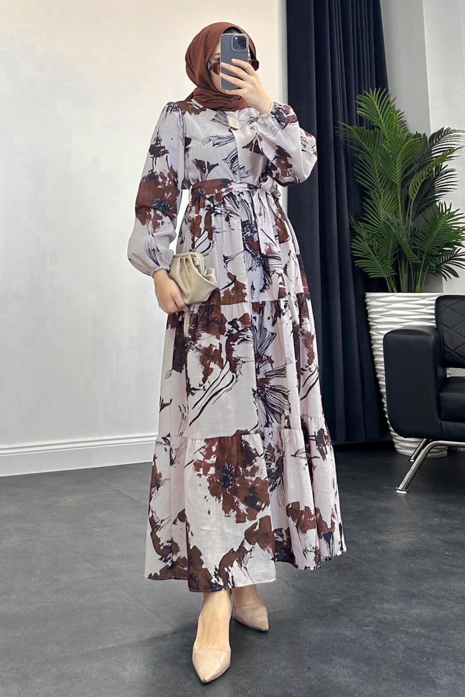 Tesettür giyim KAHVE DESENLİ KUŞAKLI ELBİSE T 3806