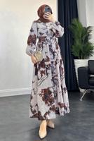 Tesettür giyim KAHVE DESENLİ KUŞAKLI ELBİSE T 3806