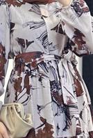 Tesettür giyim KAHVE DESENLİ KUŞAKLI ELBİSE T 3806