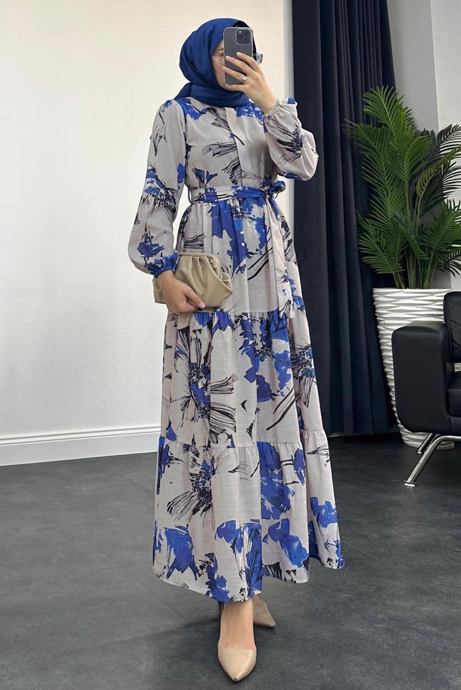 Tesettür giyim LACİVERT DESENLİ KUŞAKLI ELBİSE T 3806