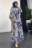 Tesettür giyim LACİVERT DESENLİ KUŞAKLI ELBİSE T 3806