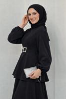 Tesettür giyim SİYAH KEMERLİ KATLI ELBİSE T 3821