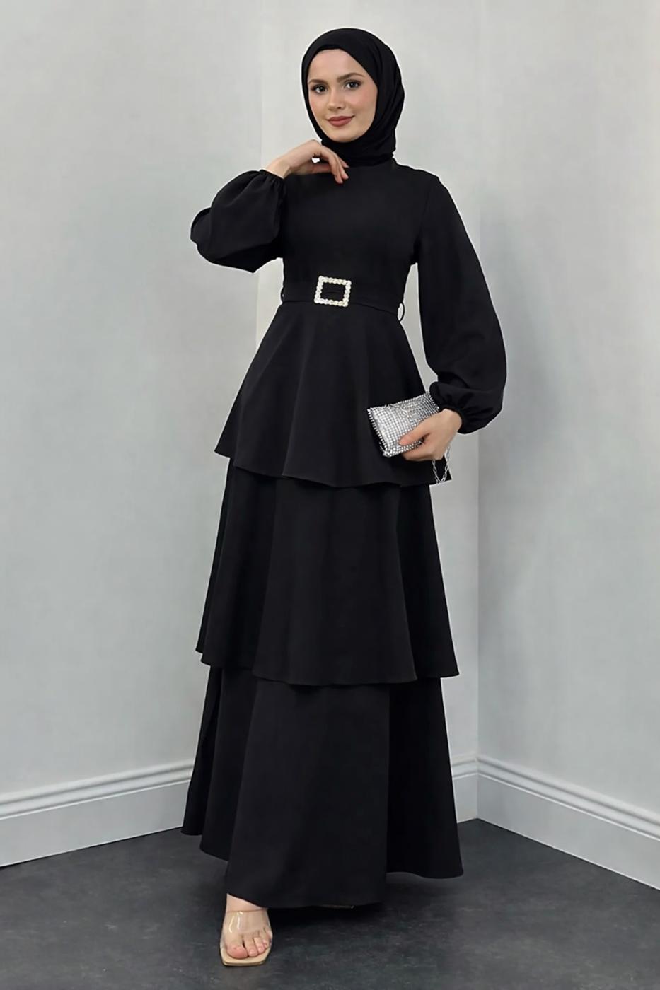 Tesettür giyim SİYAH KEMERLİ KATLI ELBİSE T 3821