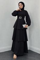 Tesettür giyim SİYAH KEMERLİ KATLI ELBİSE T 3821