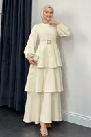 Tesettür giyim KREM KEMERLİ KATLI ELBİSE T 3821