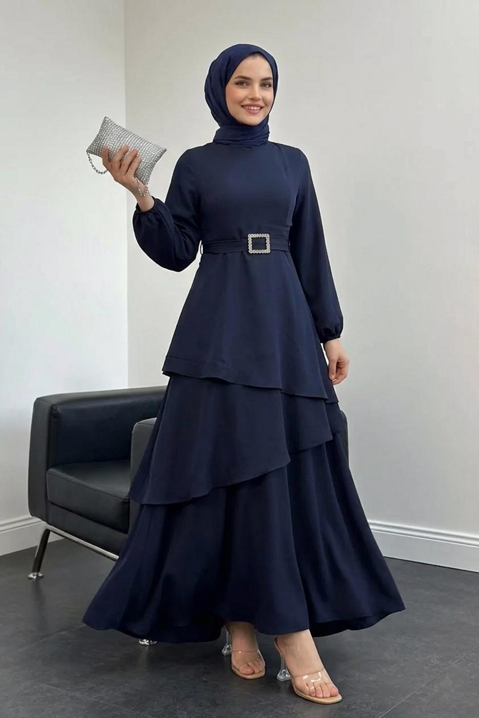 Tesettür giyim LACİVERT KEMERLİ KATLI ELBİSE T 3821