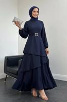Tesettür giyim LACİVERT KEMERLİ KATLI ELBİSE T 3821