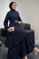 Tesettür giyim LACİVERT KEMERLİ KATLI ELBİSE T 3821